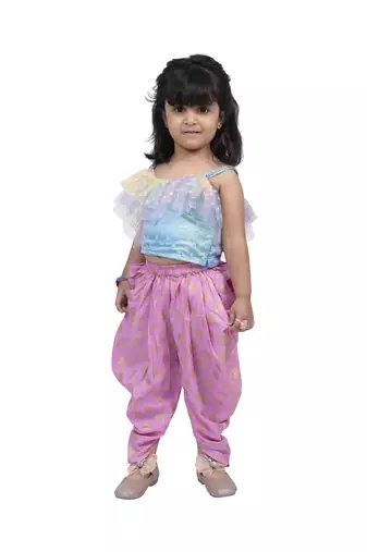Twisha round neck frilled sleeveless top with dhoti-powder blue pink