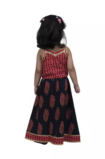 Twisha girls frill sleeveless cotton zigzag top with chania-red & blue