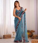 Blue fancy georgette embroidery thread work with embroidery matching blouse