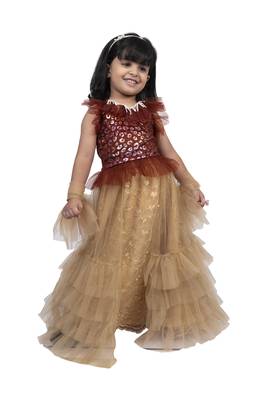 Twisha halter frilled top with  layered ghaghra-maroon and beige 4
