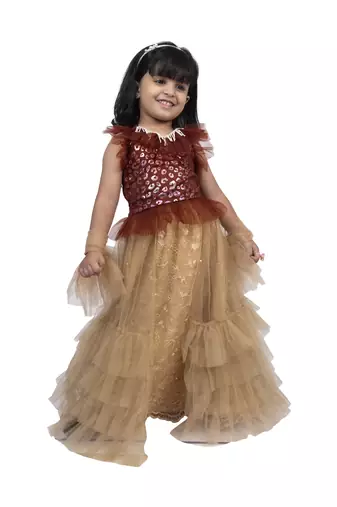 Twisha halter frilled top with  layered ghaghra-maroon and beige