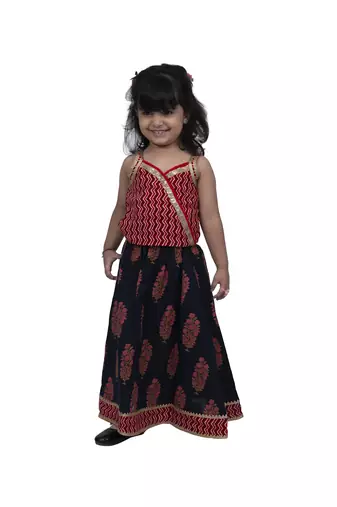 Twisha girls frill sleeveless cotton zigzag top with chania-red & blue