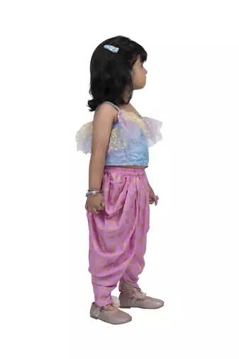 Twisha round neck frilled sleeveless top with dhoti-powder blue pink