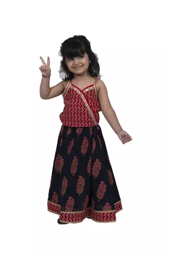 Twisha girls frill sleeveless cotton zigzag top with chania-red & blue