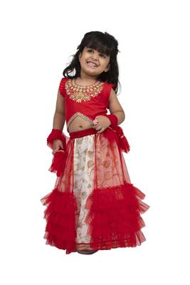 Twisha girls sleeveless embroidered top wit chania - red & offwhite 1