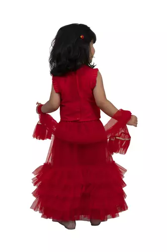 Twisha girls sleeveless embroidered top wit chania - red & offwhite