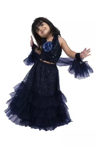 Twisha girls frill halter neck top with frilled ghaghra-navy blue