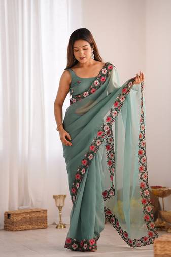 Grey fancy georgette embroidery thread work with embroidery matching blouse