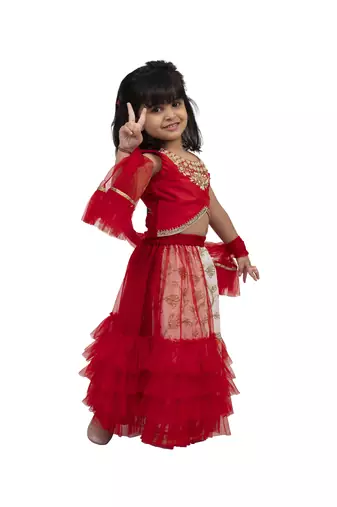 Twisha girls sleeveless embroidered top wit chania - red & offwhite