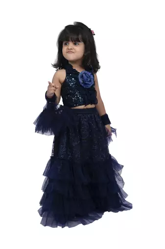Twisha girls frill halter neck top with frilled ghaghra-navy blue