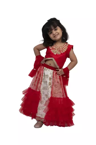 Twisha girls sleeveless embroidered top wit chania - red & offwhite