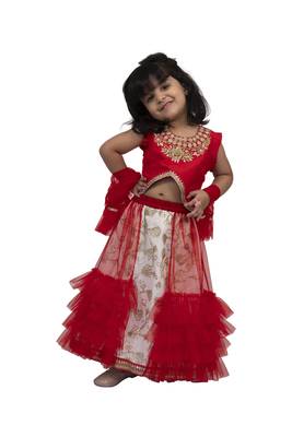 Twisha girls sleeveless embroidered top wit chania - red & offwhite 5
