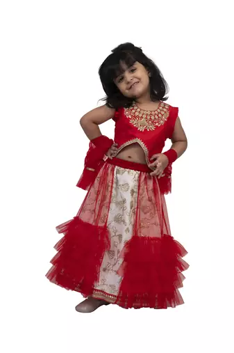 Twisha girls sleeveless embroidered top wit chania - red & offwhite