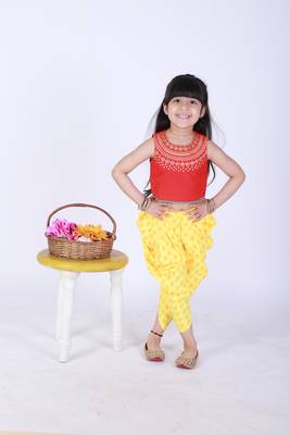 Twisha stylish embroidered top with printed designer dhoti - red & yellow 1