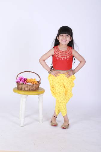 Twisha stylish embroidered top with printed designer dhoti - red & yellow