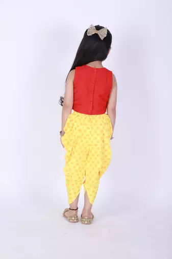 Twisha stylish embroidered top with printed designer dhoti - red & yellow