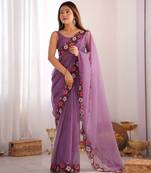 Purple fancy georgette embroidery thread work with embroidery matching blouse