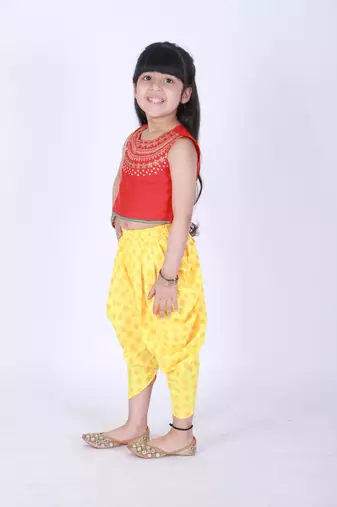 Twisha stylish embroidered top with printed designer dhoti - red & yellow