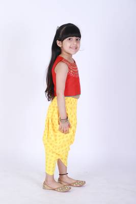 Twisha stylish embroidered top with printed designer dhoti - red & yellow 4
