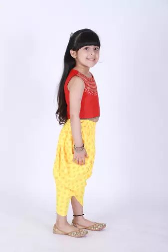 Twisha stylish embroidered top with printed designer dhoti - red & yellow