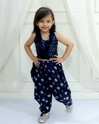 Twisha girls halter neck sequinned front ruffles designer top & silver printed dhoti pants - navy blue 1