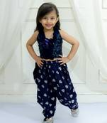Twisha girls halter neck sequinned front ruffles designer top & silver printed dhoti pants - navy blue