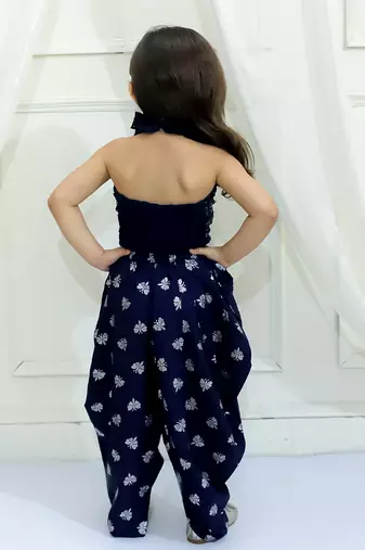 Twisha girls halter neck sequinned front ruffles designer top & silver printed dhoti pants - navy blue