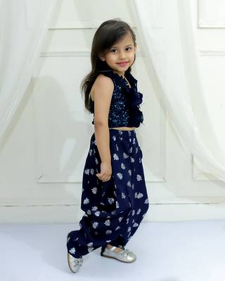 Twisha girls halter neck sequinned front ruffles designer top & silver printed dhoti pants - navy blue 3