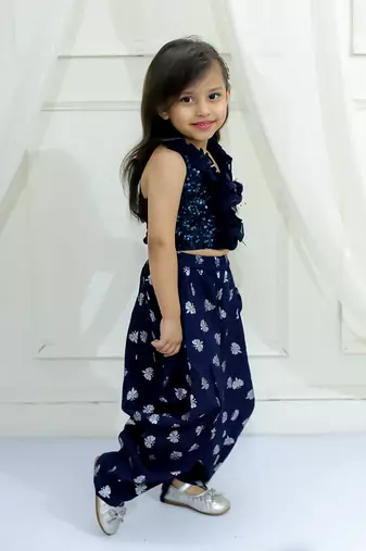 Twisha girls halter neck sequinned front ruffles designer top & silver printed dhoti pants - navy blue