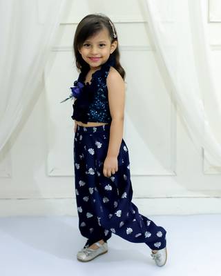Twisha girls halter neck sequinned front ruffles designer top & silver printed dhoti pants - navy blue 4