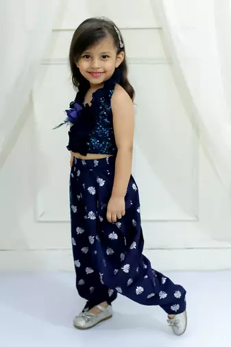 Twisha girls halter neck sequinned front ruffles designer top & silver printed dhoti pants - navy blue