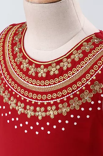 Twisha girls stylish embroidered choli with  brocade lehenga with fancy latkan  -red & green