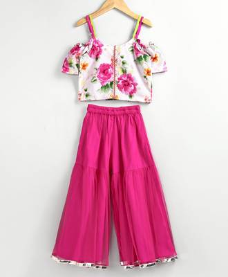 twisha fashionble printed cold shoulder top with net sharara -white & pink 1