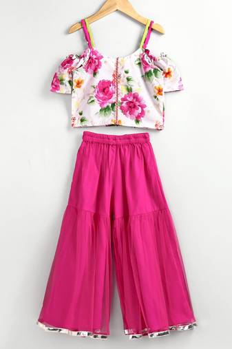 twisha fashionble printed cold shoulder top with net sharara -white & pink