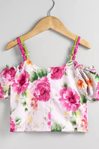twisha fashionble printed cold shoulder top with net sharara -white & pink