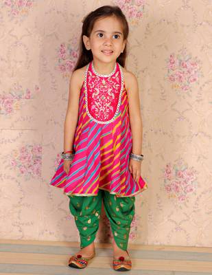 Twisha girls cotton leheria print embroidered top with designer dhoti - pink & green 1