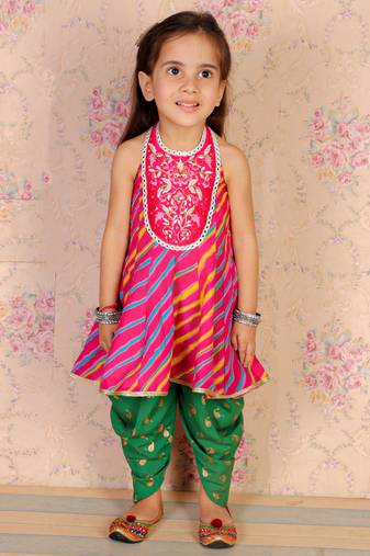 Twisha girls cotton leheria print embroidered top with designer dhoti - pink & green