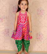 Twisha girls cotton leheria print embroidered top with designer dhoti - pink & green