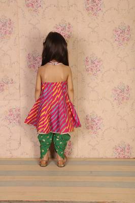 Twisha girls cotton leheria print embroidered top with designer dhoti - pink & green 2