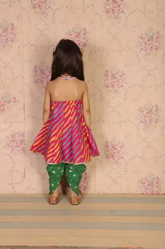 Twisha girls cotton leheria print embroidered top with designer dhoti - pink & green