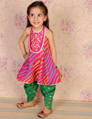 Twisha girls cotton leheria print embroidered top with designer dhoti - pink & green 3