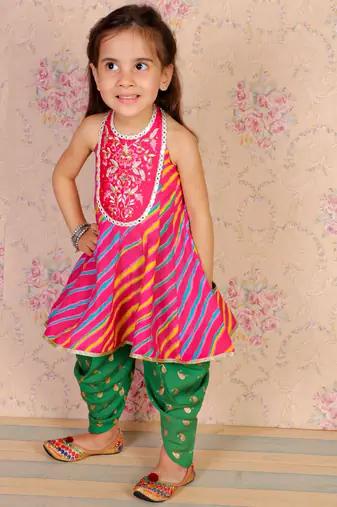 Twisha girls cotton leheria print embroidered top with designer dhoti - pink & green