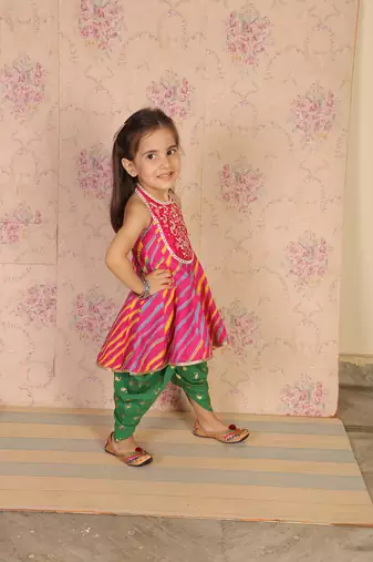 Twisha girls cotton leheria print embroidered top with designer dhoti - pink & green