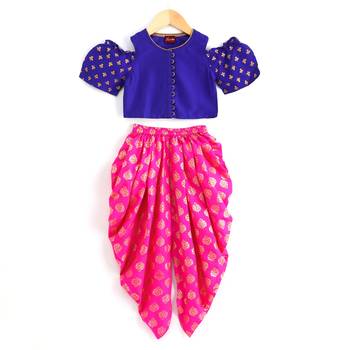 Twisha girls cold shoulder top & printed dhoti pants - blue & pink 1