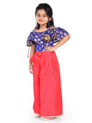 Twisha stylish brocade frill sleevele boat neck choli with jaquard palazzos -blue 1