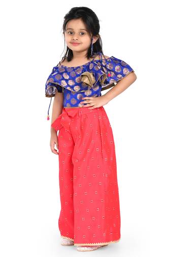 Twisha stylish brocade frill sleevele boat neck choli with jaquard palazzos -blue