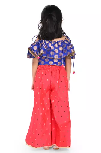Twisha stylish brocade frill sleevele boat neck choli with jaquard palazzos -blue