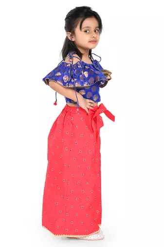 Twisha stylish brocade frill sleevele boat neck choli with jaquard palazzos -blue