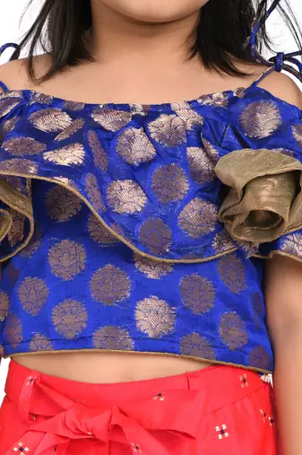 Twisha stylish brocade frill sleevele boat neck choli with jaquard palazzos -blue