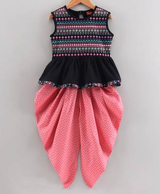 Twisha girls pure cotton printed knitted top & dhoti pants - black & coral 1